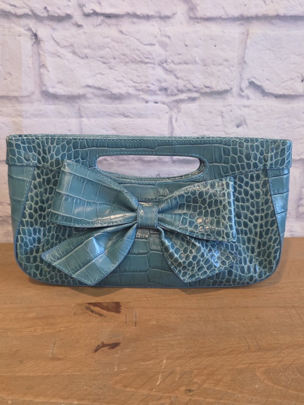 Isabella Fiore Y2K Teal Croc Bow Clutch Faux Leather